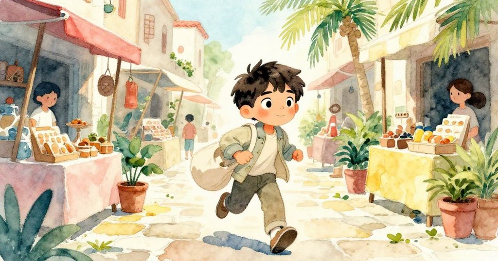 米羅急步走在石板路口,穿過熱鬧市集街道,臉上流露出堅定與期待,背景陽光燦爛生機盎然。