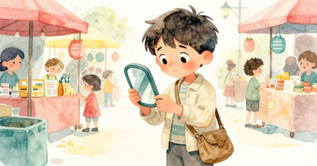 米羅專注凝視著隨身小鏡,臉上帶有希望與一絲憂慮,與熱鬧市集背景形成強烈對比。