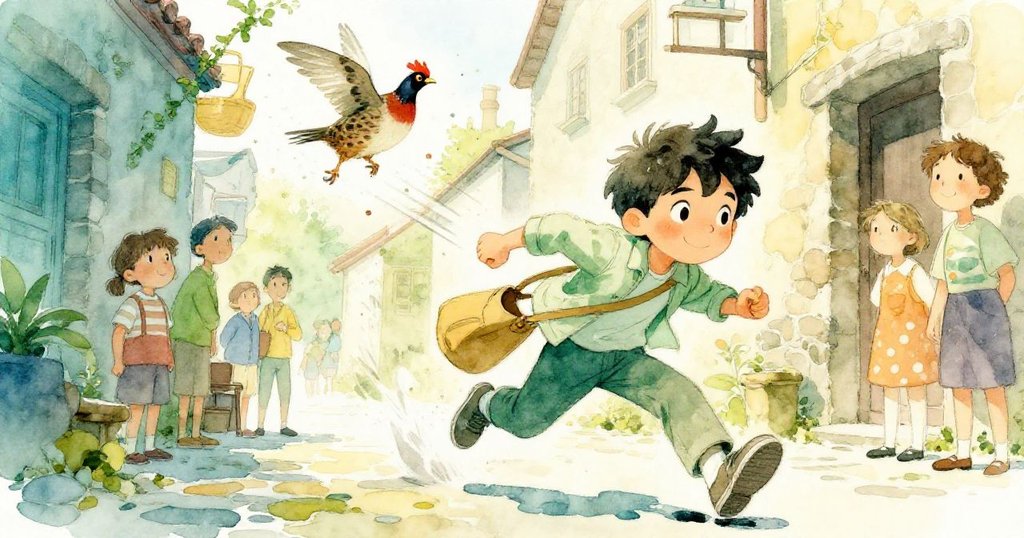 米羅在石板巷中機敏閃避突然亂飛的山鵖,動作矯捷,身旁人群驚訝舉手保護帽子。