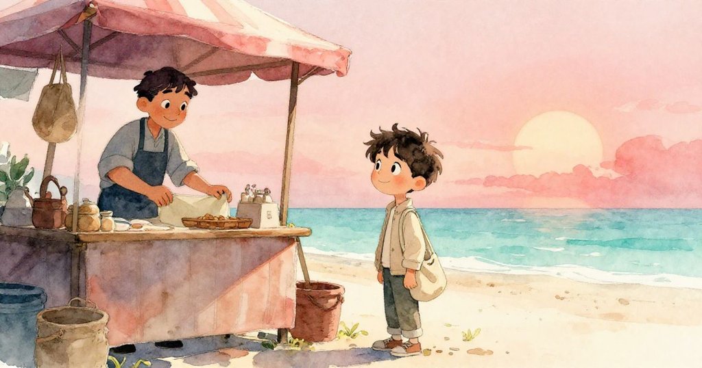 米羅站在攤位旁,商人驚喜舉起畫布揭開隱秘小角落,溫暖光線中流露出友善與期待。