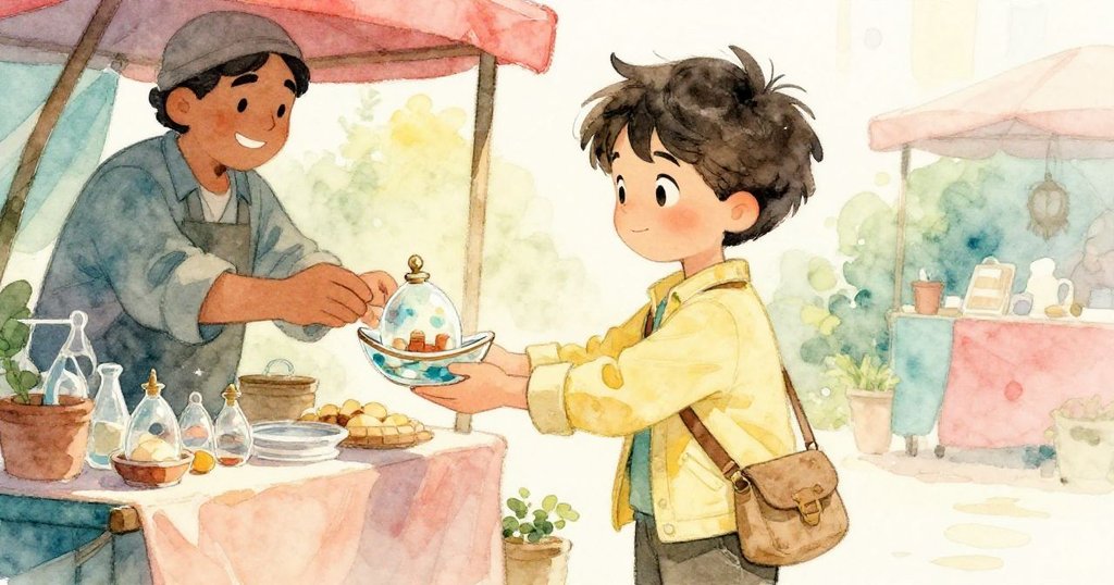 米羅小心接過玻璃船形小飾品,眼中滿是驚喜,陽光在鏡面上灑下閃爍光點,場面溫馨精緻。