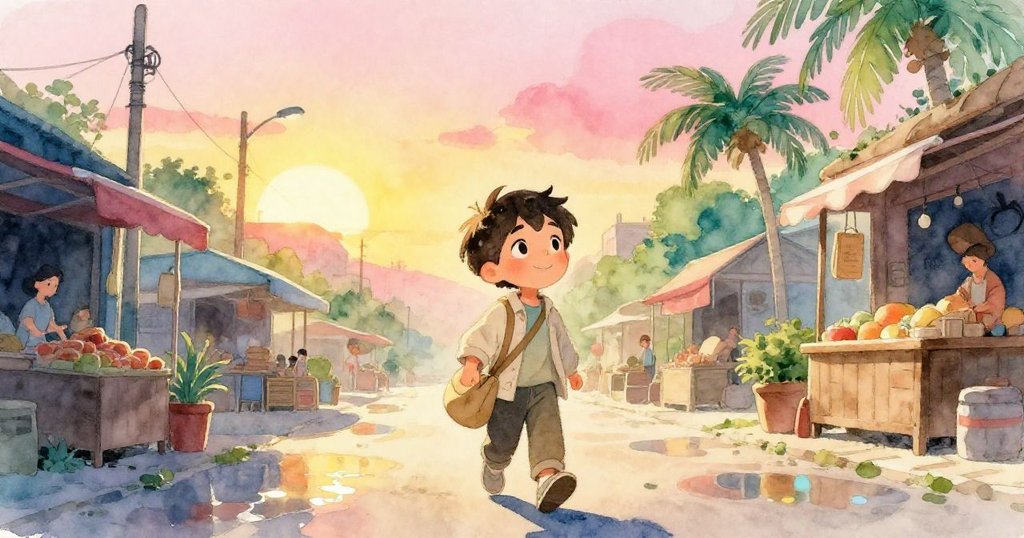 米羅帶著寶貴飾品離開熱鬧石巷,夕陽餘暉灑在濕潤石板上,映出金色斑點,臉上洋溢溫暖喜悅。