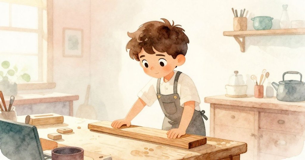 在明亮的工作室中，Leo以剪影狀專注放置木板，背景散發柔和奶油與桃色光芒，充滿熱情與期待。