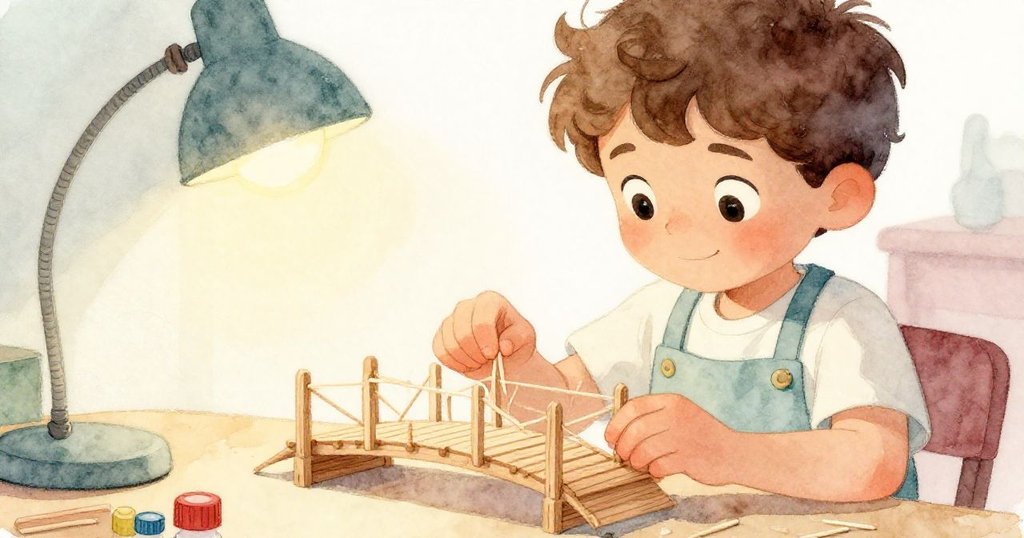 在柔和燈光下，Leo正專注檢查迷你橋細節，手持閃亮瓶蓋與牙籤，桌面混合奶油與薄暮天藍色調。