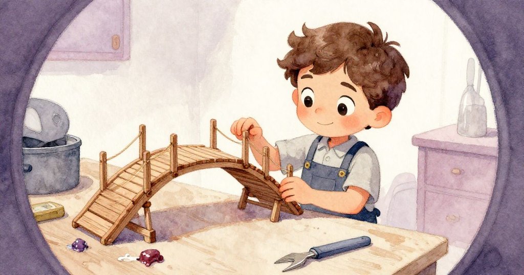 在扭曲鏡頭下，Leo低頭沉思審視傾斜橋樑與滴膠失誤，工作台上散落物品映襯薰灰與玫瑰色溫暖燈光。