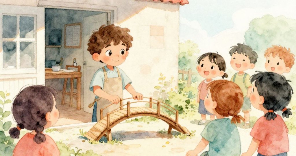 室外柔和金光中，Leo在工作室門前展示改良迷你橋，同學圍觀讚嘆，臉上洋溢著驚喜與期待。