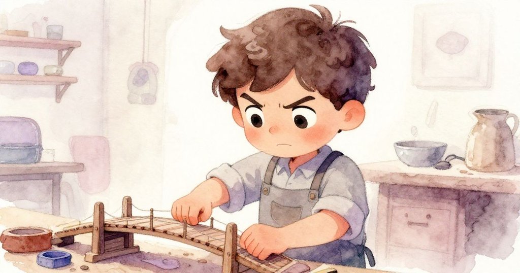 在柔和燈光下，Leo面容透露內心掙扎與堅定，專注調整迷你橋細節，表情真摯，室內背景呈現薰灰玫瑰色調。