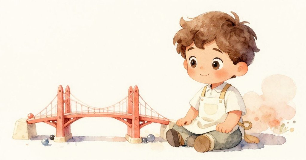 在溫暖柔光中，Leo安坐於工作室邊，看著彈珠順暢滾過成功迷你橋，臉上洋溢滿足與平靜，室內色調溫馨。