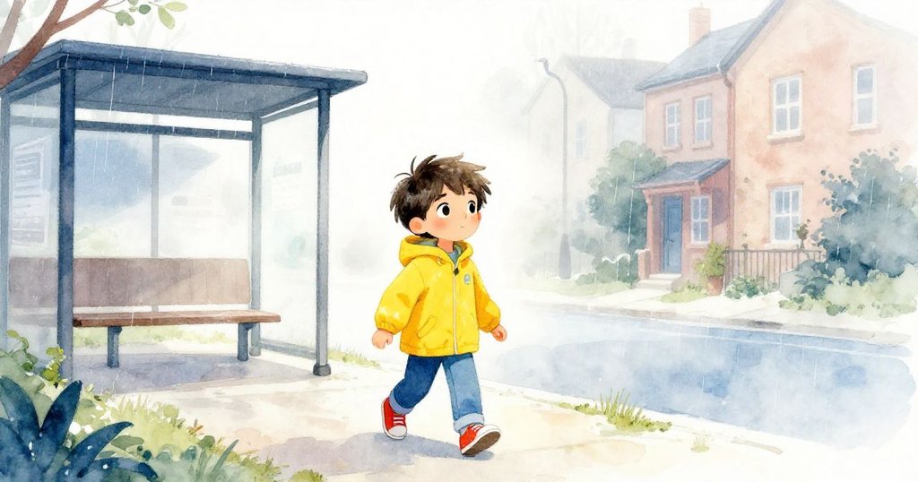 Milo 穿著亮黃外套在晨霧中匆匆離家，街道上雨滴輕敲公車站，面露堅定與期待的神情，情境充滿溫柔光線。