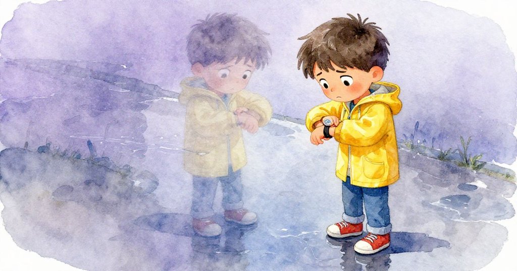 Milo 在濕滑小徑上急促前行，手錶反射出焦慮神情，水窪映出他的急迫面容和滴落雨水，情境充滿憂慮與期待。