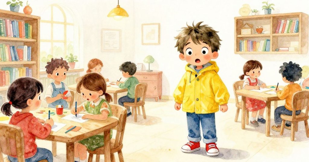 Milo 驚喜踏入溫暖明亮的圖書館，室內充滿閱讀與手工活動的孩子，他臉上流露出意外與安心的表情，燈光柔和。