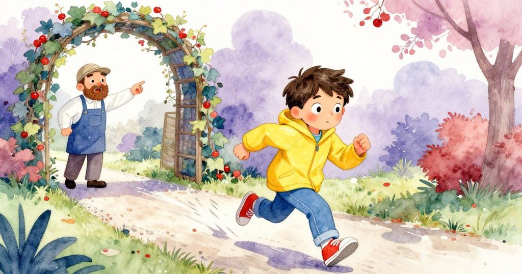 Milo 衝過雨後濕潤的小徑，鞋子險滑欲倒，園丁站在常青藤門旁熱情指引，情勢緊張而充滿希望，動態十足。