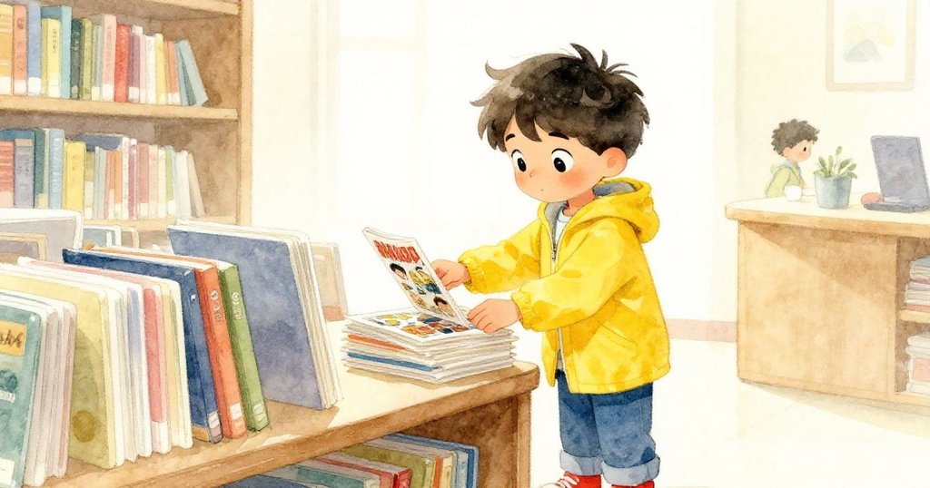 Milo 在圖書館櫃台前滿臉釋然地將漫畫輕放整齊書堆中，室內燈光柔和，背景有悅耳紙響聲，環境安詳舒心。