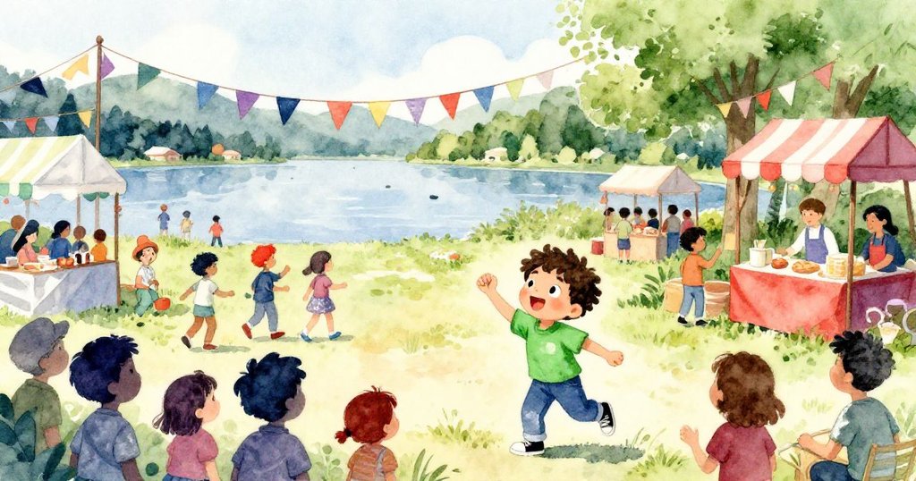 Leo在銀湖邊熙攘慶典中穿梭，眾人歡笑彩旗飛舞，他滿懷期待望向湖中央小島，呈現節日熱鬧氣氛。