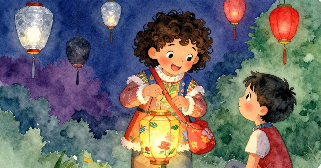 友伴在慶典中打開花燈袋露出閃爍燈籠，Leo在旁驚喜欣賞，場景充滿魔幻與溫馨節日氛圍。