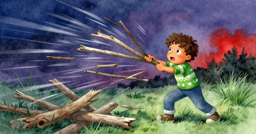 突風捲起木棒飛散，Leo緊握剩餘木材，面露堅定與焦急表情，場景充滿戲劇性懸念與挑戰。