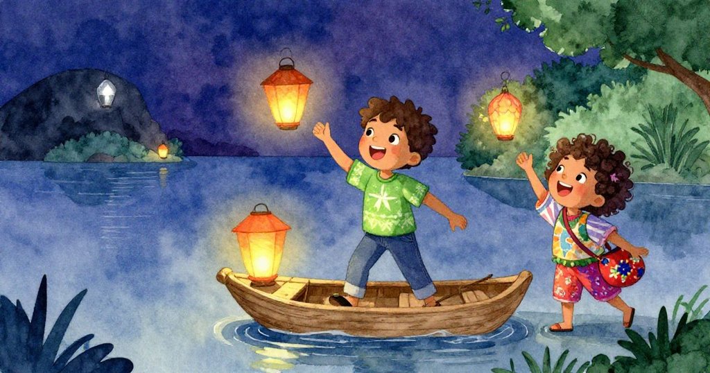 Leo登上穩固木筏臉上洋溢著喜悅，友伴在旁歡呼慶賀，遠處小島燈籠逐漸點亮，充滿慶典溫馨。