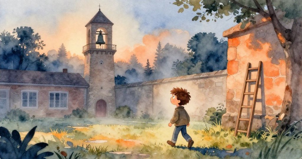 米洛清晨在薄霧的學校庭院中邁步,手持相機,目光堅定向老鐘樓前進,氣氛神秘而期待