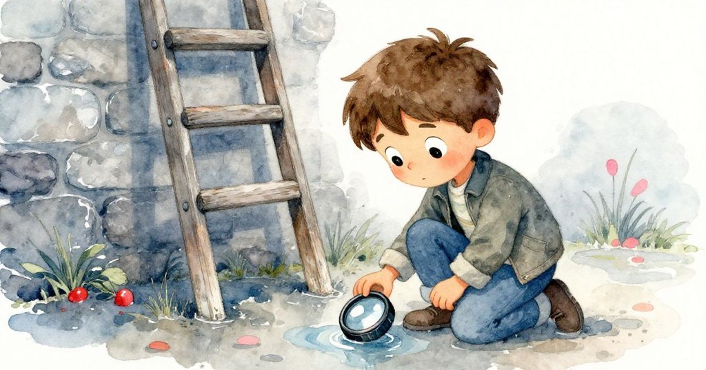 米洛蹲下檢查掉落在水坑中的鏡頭蓋,石梯與水面形成強烈對比,充滿探索與細膩情感