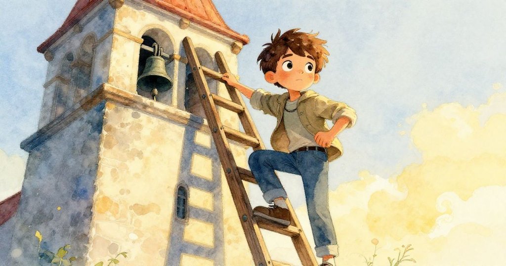 米洛堅定地攀登梯子,低角度強調其英勇姿態,背景為歷史悠久的鐘樓,陽光微露彰顯冒險精神