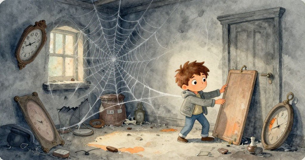 米洛在滿是灰塵的房間中探索,推開鬆動的木板,旁邊倒塌的讚美詩書與蜘蛛網交織,神秘而夢幻