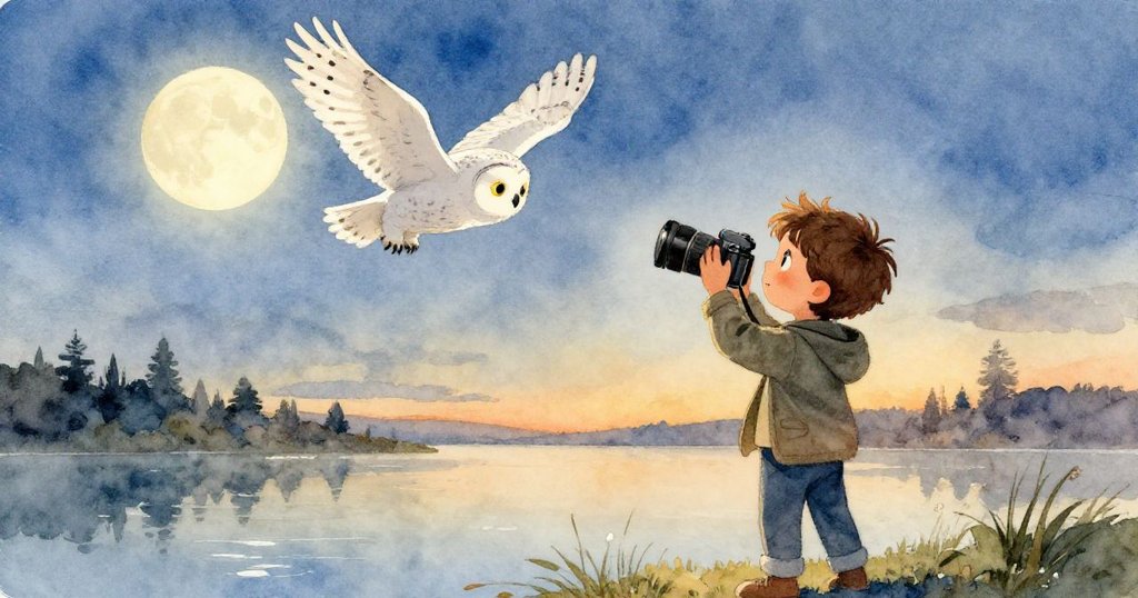 米洛在黎明破曉時用相機捕捉飛翔的白鴞,月光與晨光交織,場景充滿平靜與勝利感