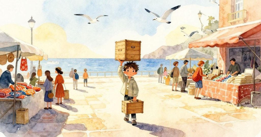 米羅踏入正午耀眼廣場，平衡木箱，四周攤販熙攘、海鷗低飛，展現冒險起始與興奮神情。