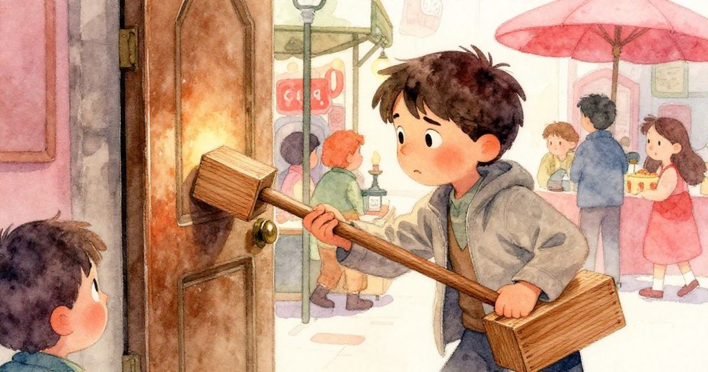 米羅在繁忙市集間使用木製道具開門，手中木箱透出神秘光澤，象徵堅定使命與希望，充滿動感。