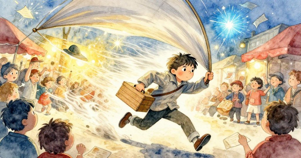 狂風吹襲市場，米羅急速奔跑，外套展開如帆，帽子與紙杯隨風飛舞，充滿緊張與動感。