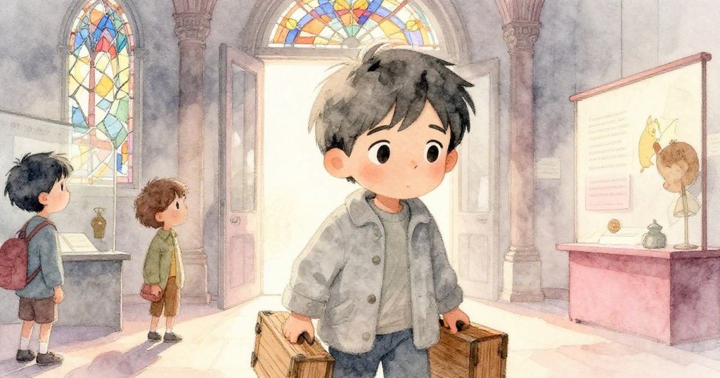 米羅走進展覽廳，彩色玻璃碎光映照大理石，柔和回憶色調中透露出剛才風暴後的短暫寧靜。