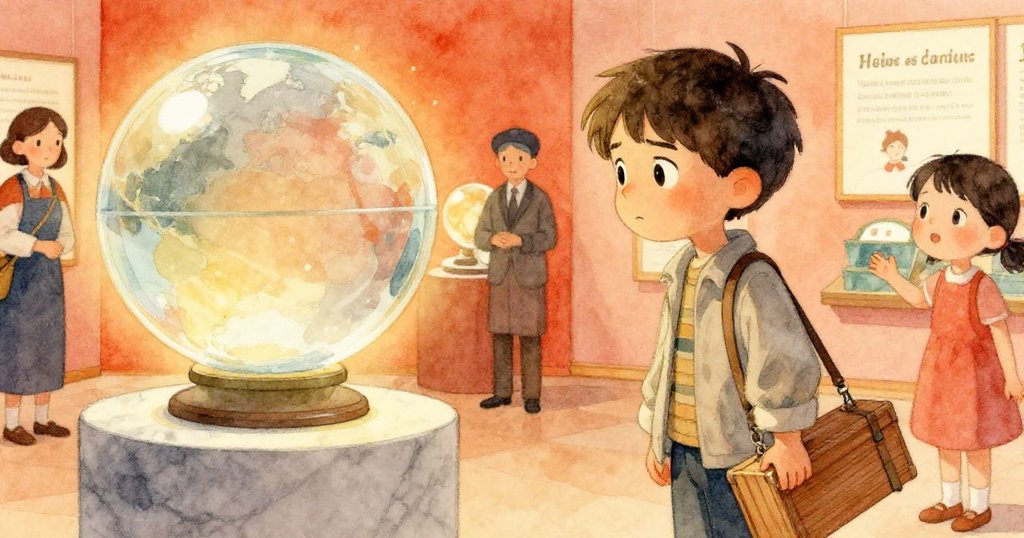 米羅在展覽廳旁觀看，工作人員向小孩解釋玻璃球內砂粒旋轉秘密，眾人互動充滿好奇與驚豔。