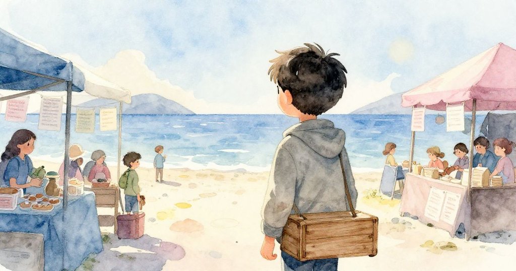 米羅背對觀眾凝望平靜市場，傳單隨風散落，遠處市集聲音漸低，預示冒險尚未結束。