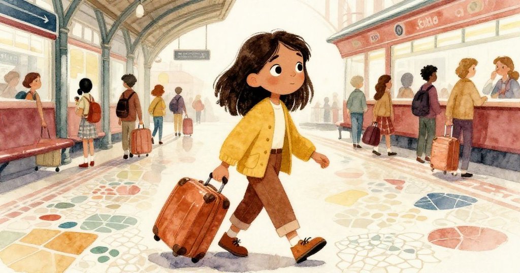 瑪拉沿著彩色馬賽克地板快步前行,與忙碌旅客及行李互動,散發著堅定與期待的動感。