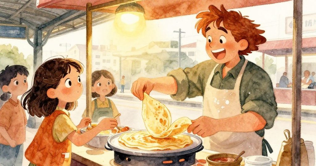 瑪拉透過攤位遠望忙碌翻煎餅的女攤販,充滿活力與熱情的身影與眾多交談的乘客共同構成熱鬧場景。