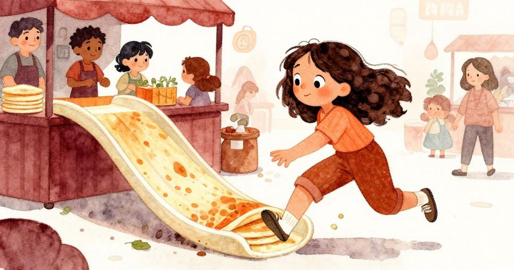 瑪拉迅速伸手救下滑落的煎餅,手勢清晰展現緊張瞬間,背景中忙碌人群模糊中呈現暖色調。