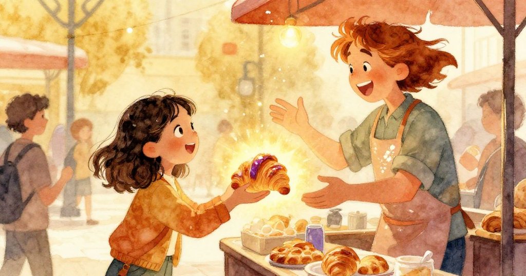 女攤販與瑪拉歡快交換紫色牛角麵包,兩人相視露笑,背景中圍繞著輕鬆熱鬧的人群慶祝此刻。