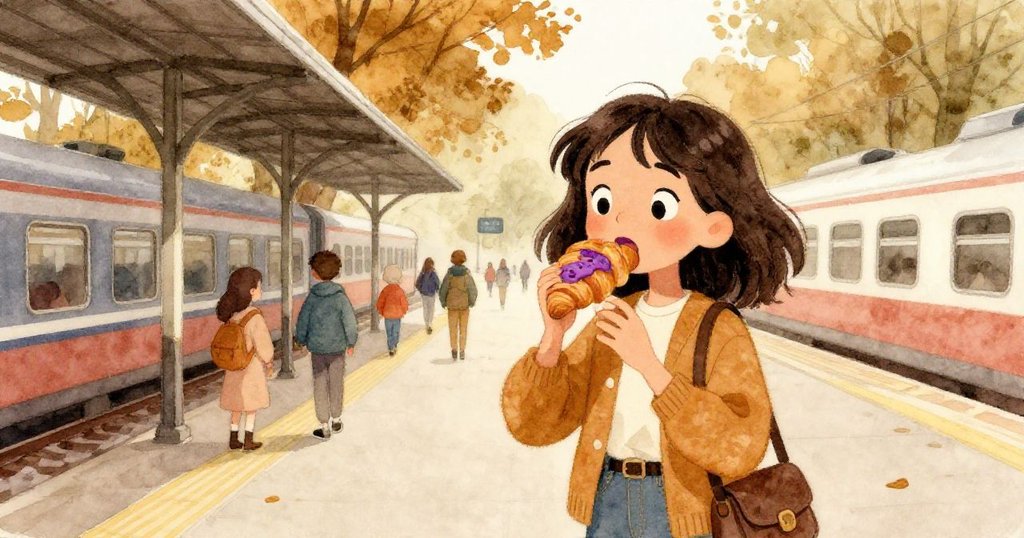 瑪拉坐於車站平台上品味紫色牛角麵包,眼神滿足而靜謐,背景中人群流動與溫暖光線營造新旅程的氛圍。