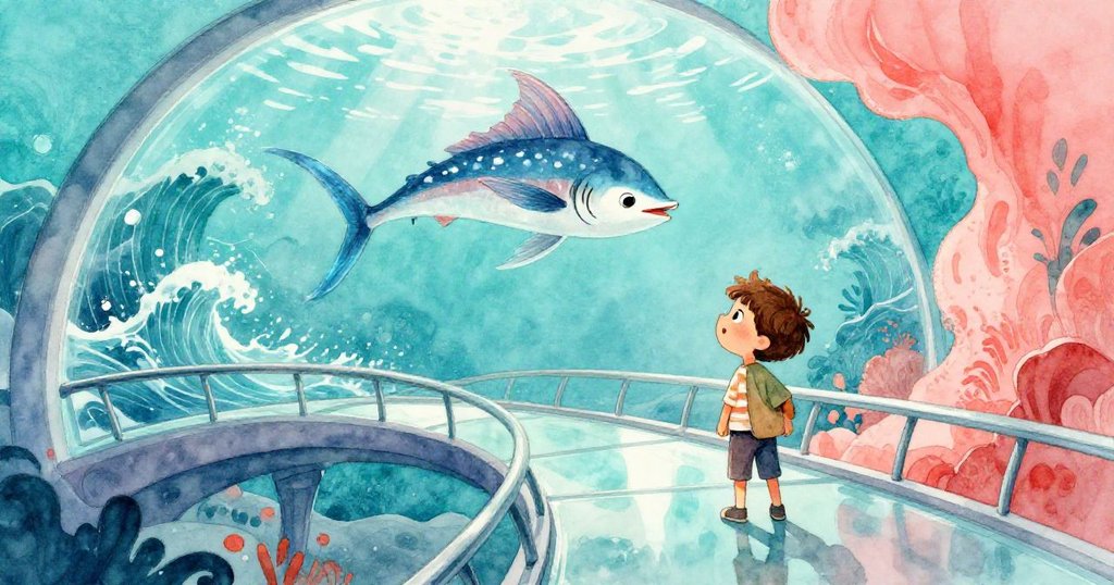 馬庫斯踏上移動的玻璃走道，在水族館穹頂下波光粼粼中邁進，滿懷期待與驚奇，展開奇幻旅程。