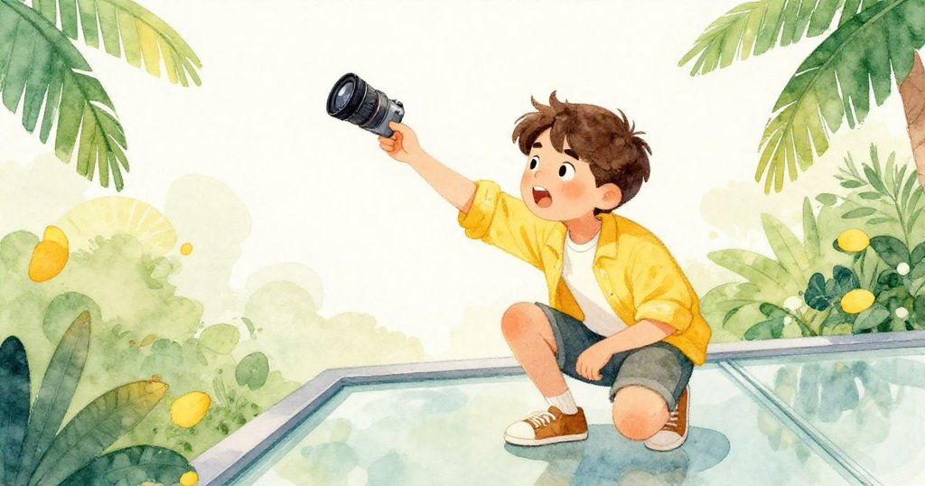 馬庫斯急忙蹲下撿起滑落的相機鏡頭蓋，背景中人潮與空白形成鮮明對比，神情專注略顯緊張。