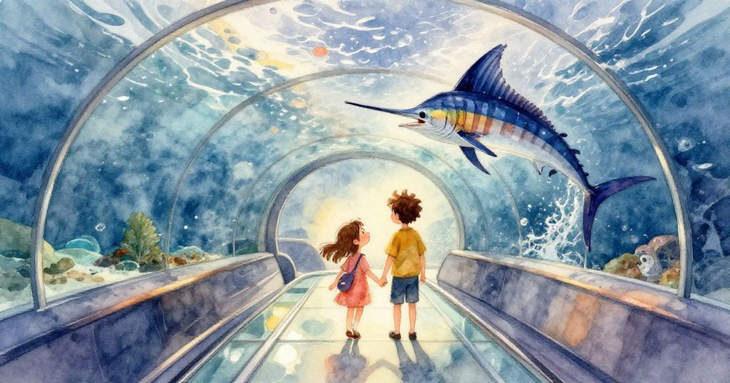 從馬庫斯視角看，全息旗魚優雅躍過人群，墨色條紋在光影中閃爍，令人目眩神迷，充滿期待與驚奇。