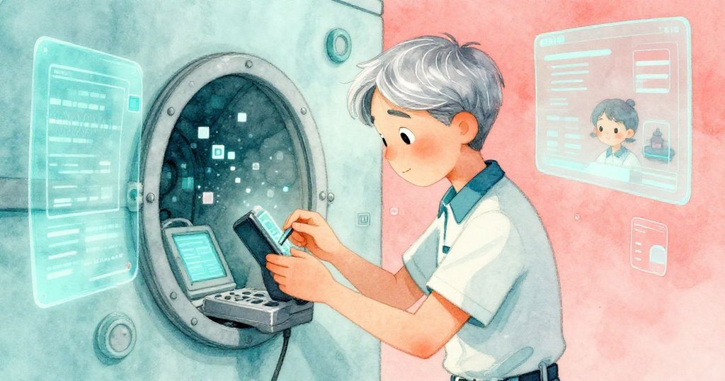 銀髮技術員在檢修口旁操作控制台，隨著像素如彩紙般浮起，場景超現實且神秘，充滿變幻之美。