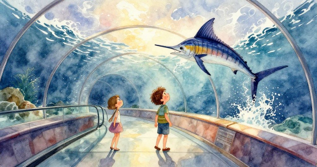 全息旗魚在咖啡攤上方劃過，蒸氣映出其英姿，店員與遊客紛紛驚呼，現場充滿動感與戲劇性。