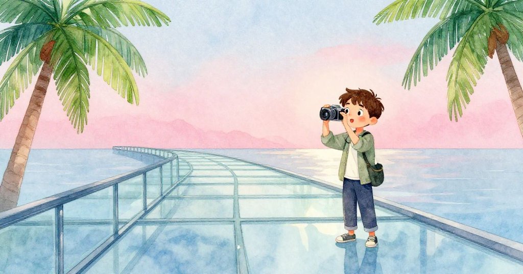 馬庫斯靜立於恢復寧靜的玻璃走道上，調整著相機帶，柔和藍光映襯中帶來探險落幕的安詳與滿足。