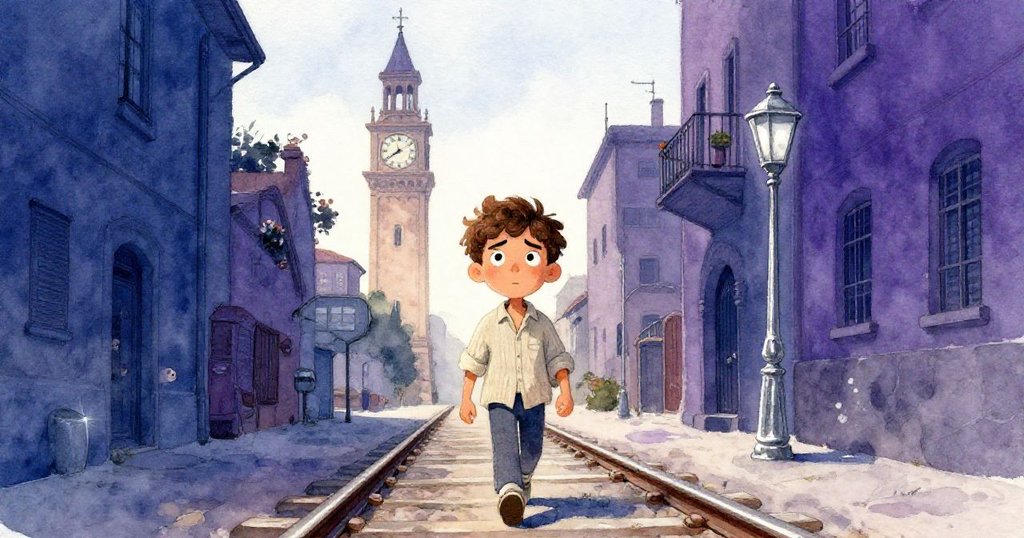 Leon輕步走在狹窄電車軌旁，手抱著包裹迎向古老鐘樓，陽光灑落街道，充滿期待與寧靜氣氛。