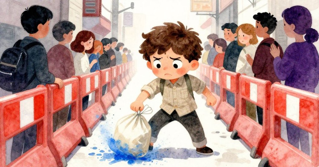 Leon在擁擠都市中與施工圍欄和急行人群抗爭，用手肘護著散落藍粉的包裹，場景充滿挑戰與活力。