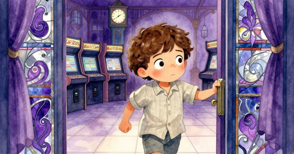 Leon迅速躲入昏暗拱廊裡，推開吱嘎大門，彩繪玻璃映出紫光，遠處鐘樓隱約呈現出神秘氛圍。