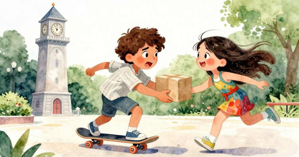 Mira騎滑板疾馳入廣場，臉上露出灿爛笑容與紅潤雙頰，與Leon交換包裹，藍粉輕舞增添驚喜。