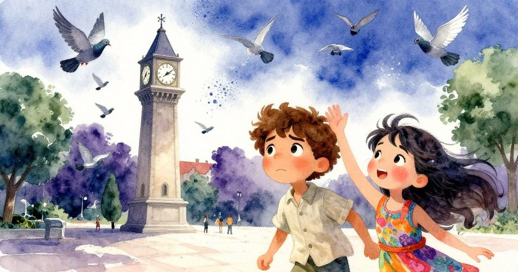 鐘樓正午鳴響，Leon與Mira在廣場共享喜悅，藍粉隨風飄散，鴿子齊飛，展現團結與滿足的溫暖時刻。