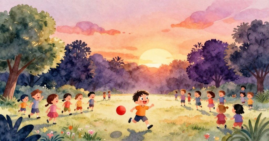 孩子在公園中奔跑,手持紅球,背景充滿歡笑人群和搖曳的綠樹,展現開場歡樂與活力