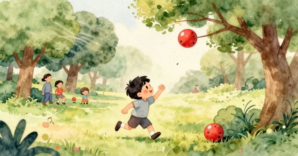 孩子伸手欲觸紅球,近距離展示球上細節與繞行螞蟻,象徵希望與轉機的關鍵瞬間